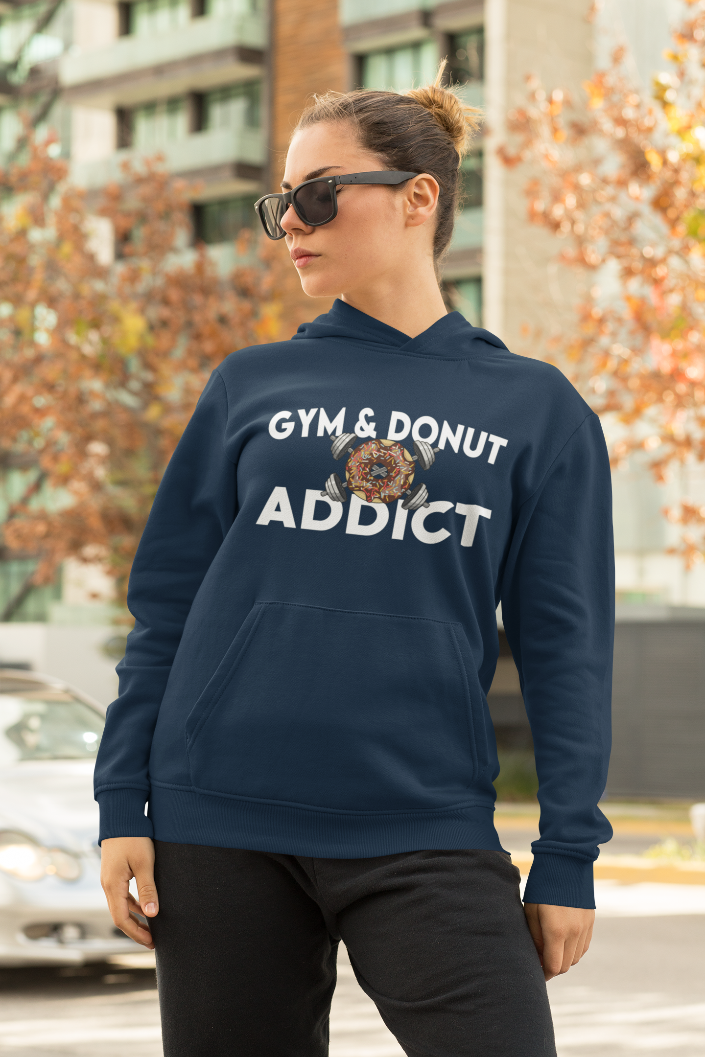 Gym and Donut Addict Unisex Hoodie with Quote on Back.