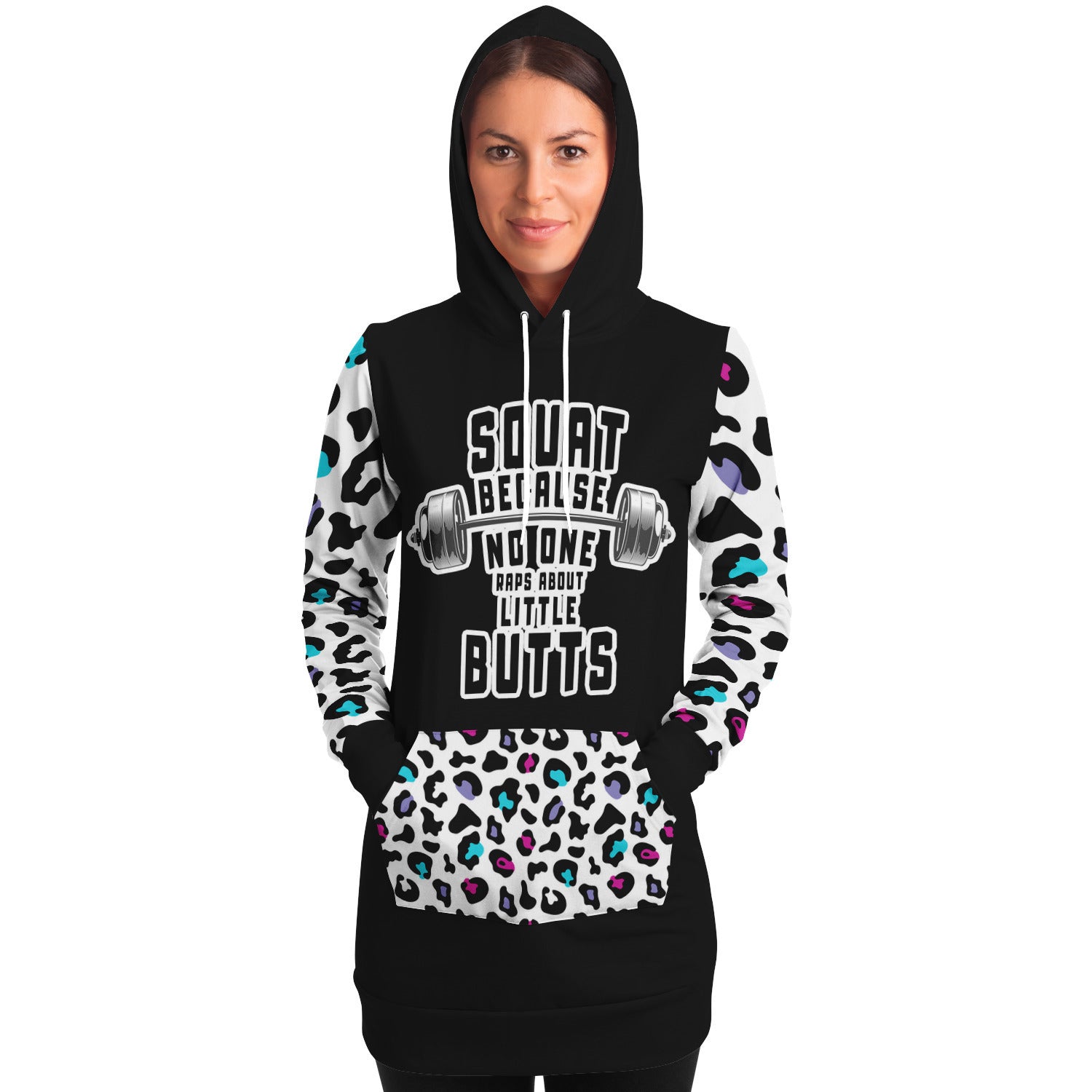 "Squat because no one raps about LITTLE BUTTS" Women's Colorful Leopard Print Long Hoodie